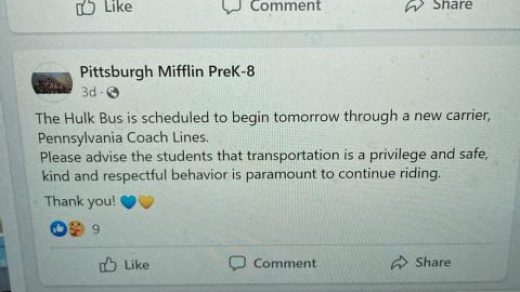 A photo of the FaceBook post from Mifflin K-8 that announced the reinstatement of the Hazelwood route and advised families, “Please advise the students that transportation is a privilege and safe, kind and respectful behavior is paramount to continue riding.”