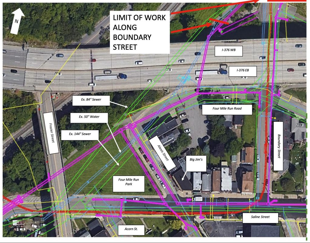 Map showing water and sewer lines and the limit of work along Boundary Street in The Run