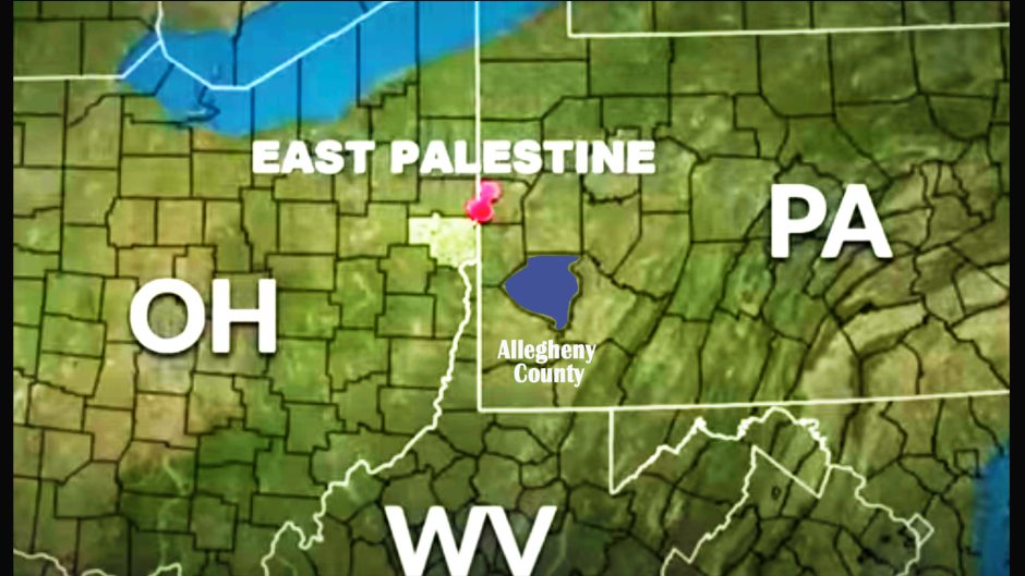 Map showing distance between E Palestine, OH, and Allegheny County, PA