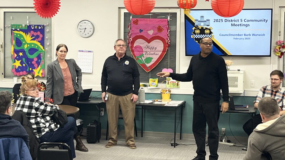 Councilor Barb Warwick (l) Dept. of Public Works Deputy Director Bill Crean, and Mayor Ed Gainey (r) respond to Greenfield residents' concerns at the Feb community 17th meeting.