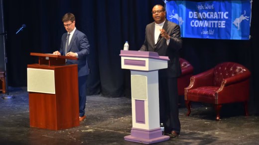 Allegheny County Controller Corey O’Connor (left) and Pittsburgh Mayor Ed Gainey face off at the Feb. 2 debate on the stage of the Eddy Theater at Chatham University. The two agreed on many larger topics but differed on the details, including inclusionary zoning and traffic calming. Photo by Ray Gerard