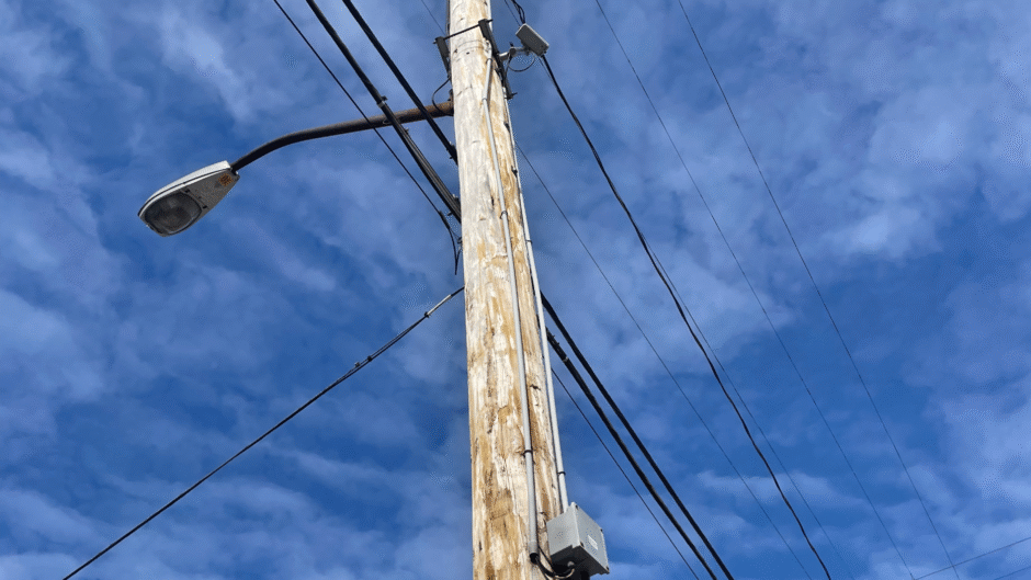 A ShotSpotter sensor mounted to a telephone pole at Susquehanna and Rosedale streets in Homewood. Photo by Bobbie Fan.